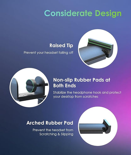 6amLifestyle Foldable All Aluminum Headphone Hook Holder for Desk, Under Desk Headphone Hanger Stand with Cable Organizer, Headset Holder Clamp for PC Gaming Headsets, Bag Hooks, Desk Accessories