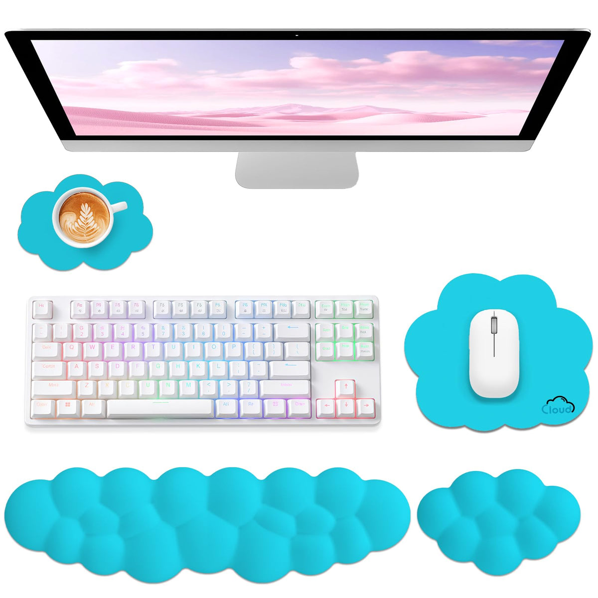 Sushret Cloud Wrist Rest for Computer Keyboard and Mouse Pad Set, Pink