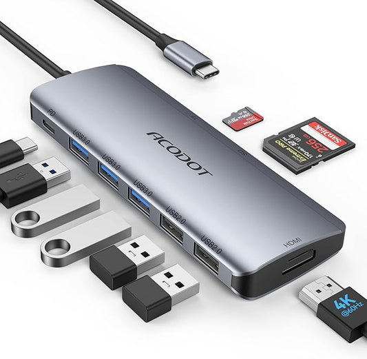 USB C Hub Docking Station, 9-in-1 Multi-Port USB Adapter, 4K@60Hz HDMI, 100W Max PD, 3 USB3.0(5Gbps) + 2 USB2.0 Data Ports, SD/TF Card Reader for MacBook, iPad Pro, Dell, HP, Lenovo, Windows Laptop