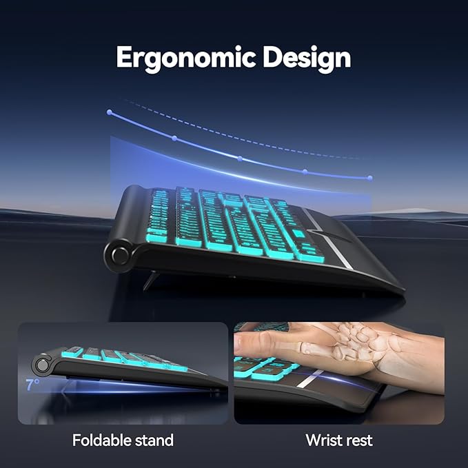 TECKNET Large Print Backlit Keyboard, Wired USB-A Computer Keyboard with Wrist Rest, 7-Color Backlit, Oversized Letter Keys Easy to See, Plug-and-Play, Silent, Foldable Stands for Windows/PC/Laptop