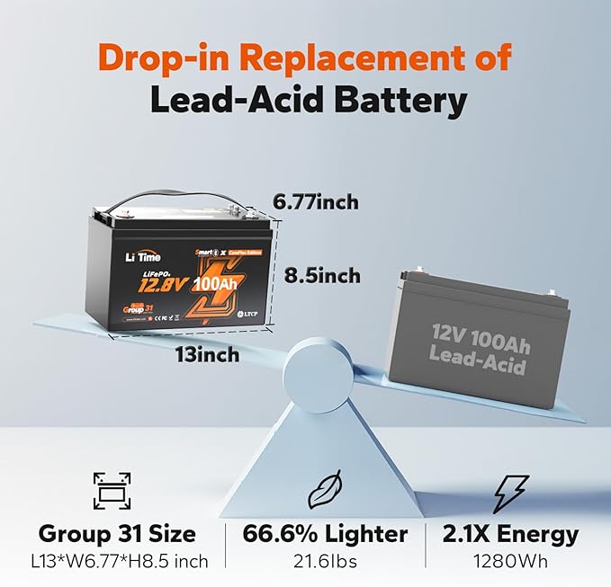LiTime 12V 100Ah LiFePO4 Group 31 Battery, Compatible with Victron, Built-in 100A BMS & Bluetooth, Low-Temperature Protection, CAN/RS485 Communication, Ideal for Trolling Motors, Marine, RV (4Pack)