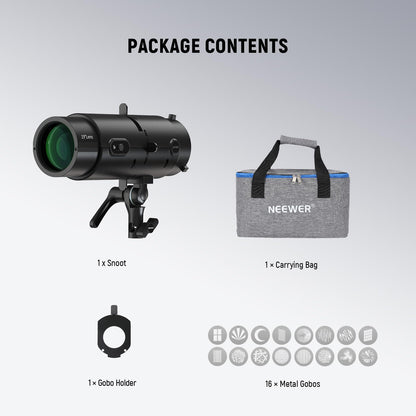 NEEWER LS-300 Spotlight Optical Snoot for 300W Bowens Mount LED Video Lights with 16x GOBO 19° Projection Lens 98% Light Transmittance Geometric Shaper for Creative Photography & Enhanced Illuminance