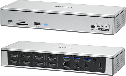 WAVLINK DisplayLink Laptop Docking Station - Quad Monitor 5K/4K @60Hz, 100W Charging - Thunderbolt 4/3, USB-C/A - M1 M2 Mac/Windows/Chrome/Ubuntu - 4 HDMI, 4 DP, 180W Power, SD 4.0 CR, 2.5Gbps LAN