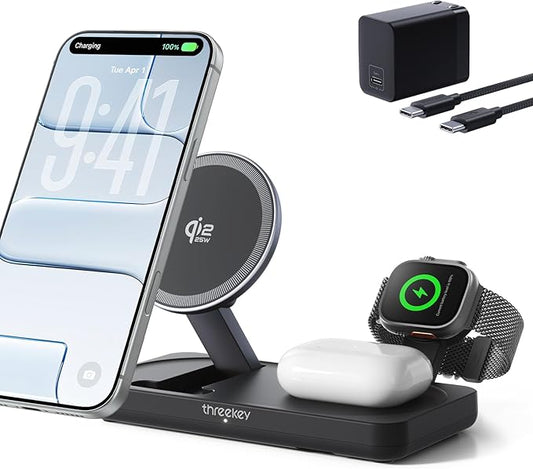THREEKEY Qi2 25W MagSafe 3-in-1 Wireless Charging Station, MFI Certified by Apple, Fast Foldable Charger Stand for iPhone 17/16/15/14/13/12 Pro Max, Apple Watch, AirPods(45W Adapter Included)