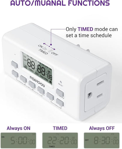 [2 Pack] NEARPOW Digital Timer For Lamp With Dual Outlets, Programmable Timer In Door, Outlet Timer For Lights,10 On/Off Programs, 24-Hour And 7-Day Programmable Electric Plug Timer,3 Prong, 15A/1875W