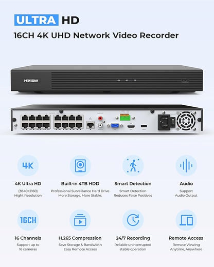H.VIEW 4K 16 Channel Security Camera System 16Pcs CCTV Camera kit PoE 8MP Indoor Outdoor Dome Wired Surveillance Video with Audio,16CH 4K H.265 NVR with 4TB HDD, CCTV Surveillance for Businesses