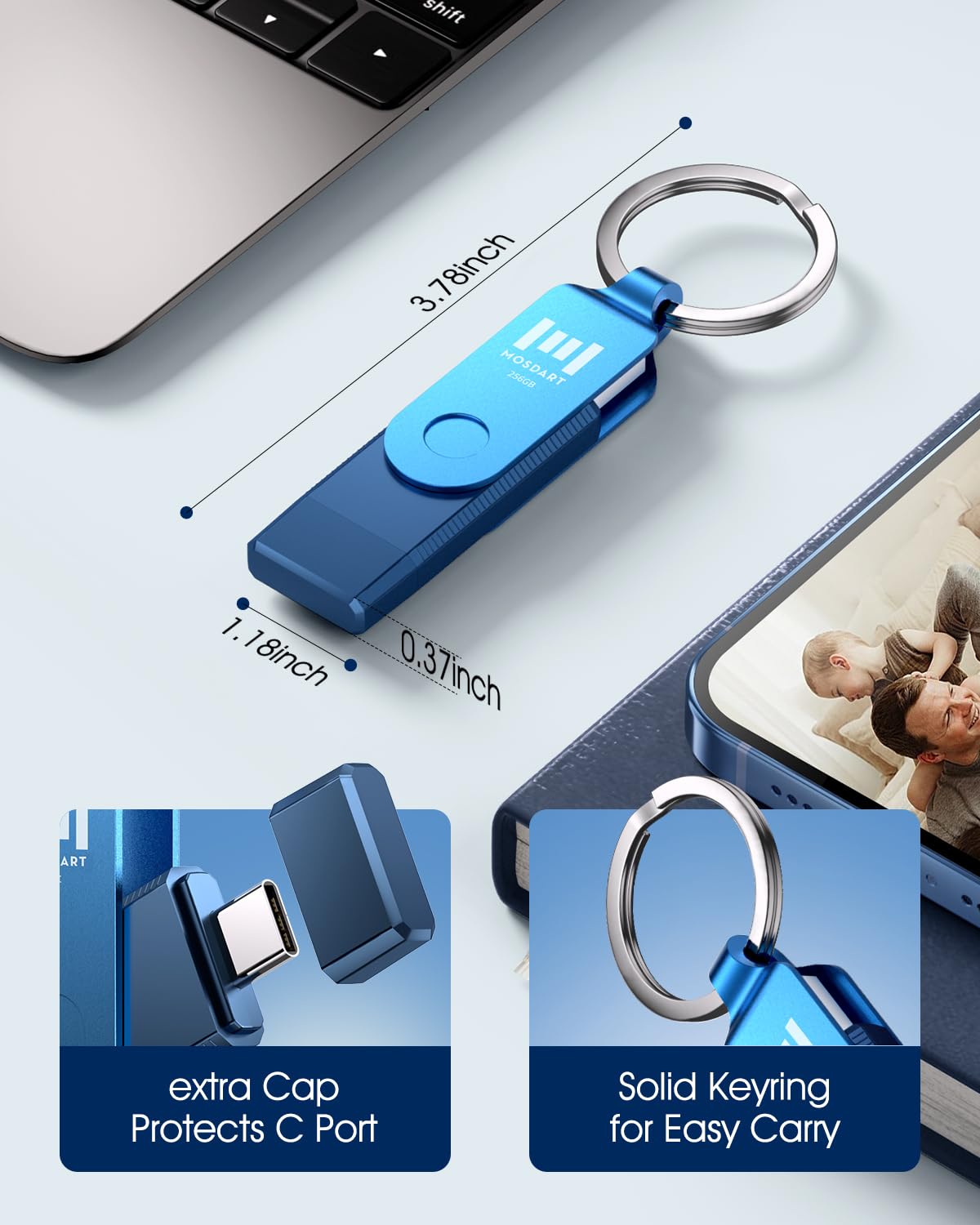 MOSDART 256GB USB C and A 3.2 150MB/s Dual Flash Drive with Keychain, Navy