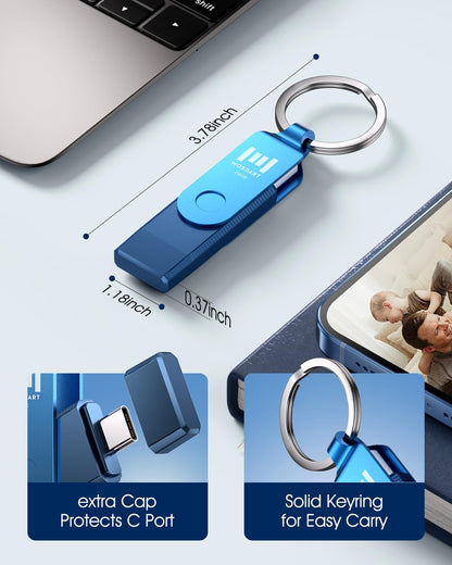 MOSDART 256GB USB C and A 3.2 150MB/s Dual Flash Drive with Keychain, Navy