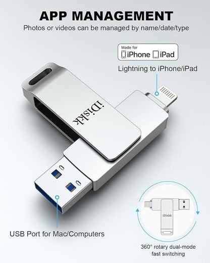 App-le Mfi Certified 128GB iDiskk iPhone Flash Drive,for Photos and Videos,Photo Stick, iPad Flashdrive,iPhone USB Storage, iPad iPhone Photo Storage Stick,for Mac,iPad,PC Thumb Drive Auto Backup