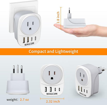 2 Pack Italy Travel Power Adapter, Italy Travel Plug Adapter with 2 USB and 2 USBC Ports, L-Shaped 3-Pin Ground Plug for USA to Italy Uruguay Chile Rome