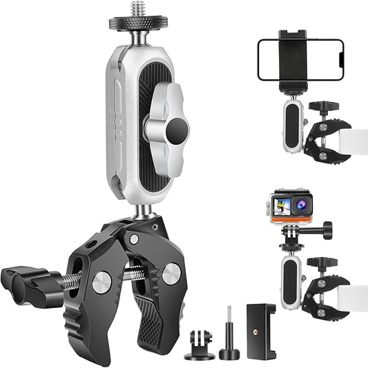 Kalofaye Aluminum Alloy Camera Mounts Clamp Mount Bicycle Handlebar Adapter Mount with Dual 360°Rotatable Ball Head with Adapter Phone Clip Compatible with Hero Insta360 and Other Action Cameras