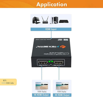 4K@60 HDMI Splitter 1 in 2 out 1X2 Powered Splitter for Dual Monitors by J-Tech Digital [JTD-MINI-1X2SP]