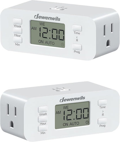 DEWENWILS 7 Day Heavy Duty Timers for Electrical Outlets, 2 Pack Dual Outlet Digital Timer, 3 Prong Programmable Light Timer for Indoor Lamp, Light, Fan, Pets, Home, Kitchen, Office, 125V 60Hz