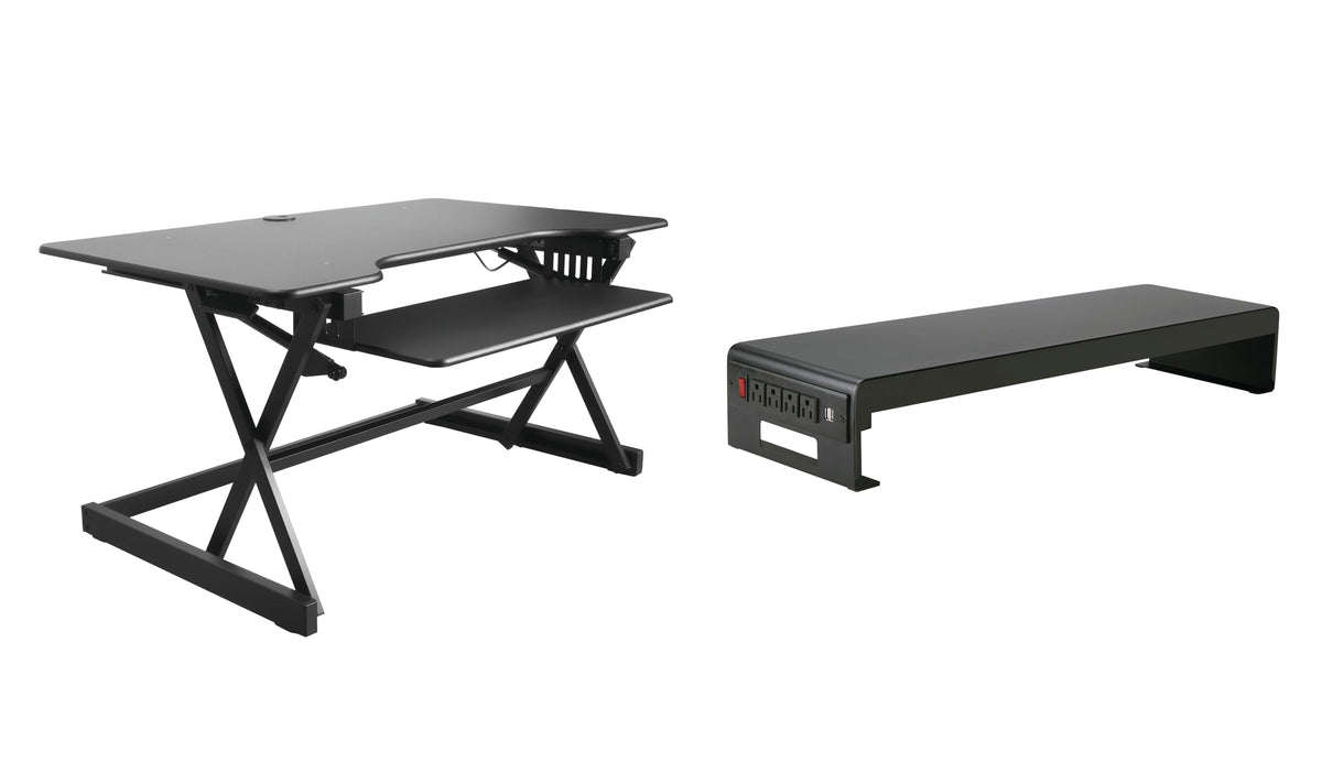 Rocelco 32" Height Adjustable Standing Desk Converter - Sit Stand Computer Workstation Riser - Dual Monitor Retractable Keyboard Tray Gas Spring Assist - Black (R EADRB2)