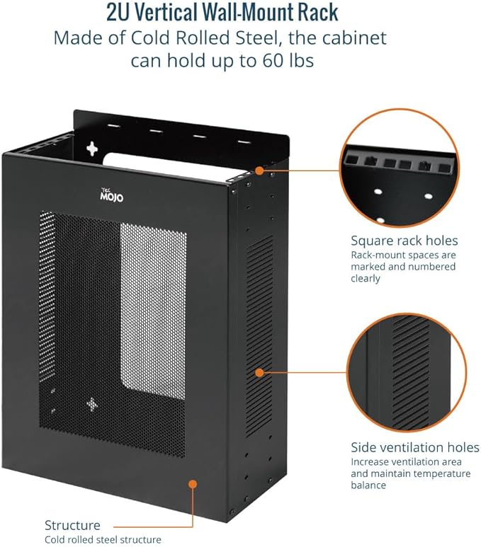 Tecmojo 2U Vertical/Horizontal Wall Mountable Server Rack, with Vented Enclosure for 19" IT Equipment, Cable Modems, Telecom, A/V, Black