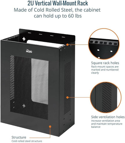 Tecmojo 2U Vertical/Horizontal Wall Mountable Server Rack, with Vented Enclosure for 19" IT Equipment, Cable Modems, Telecom, A/V, Black