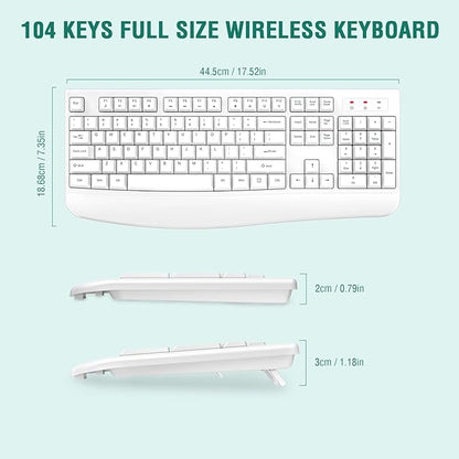 EDJO Wireless Keyboard, 2.4G Ergonomic Full Size Wireless Computer Keyboard with Wrist Rest for Windows, Mac OS Desktop/Laptop/PC（White）