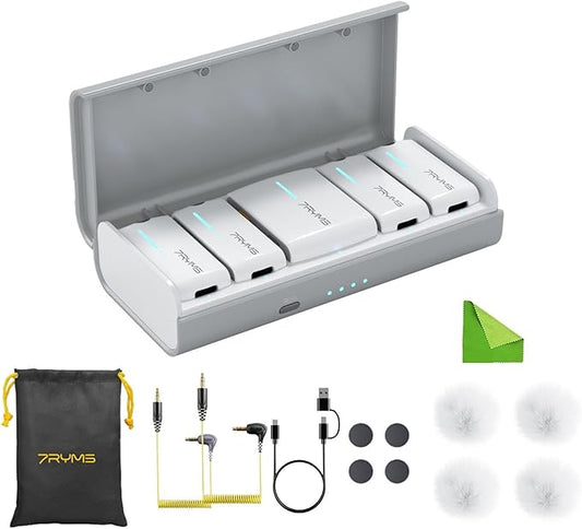7RYMS iRay DW40 Wireless Lavalier Microphone with Four Transmitters One Charging Case Support AI Denoise, 48kHz/24bit Recording for Video Vlog, Interview, Live Streaming, Podcasting-White