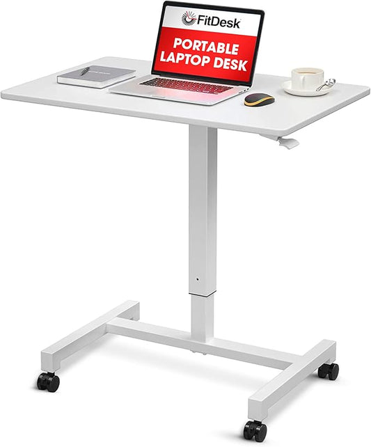 FitDesk Portable Laptop Desk, Rolling Standing Workstation Adjustable Height, Compact Standing Table with Large Surface, Small Stand Desk for Home Office, 30 lb Weight Limit, White, 27" Tabletop