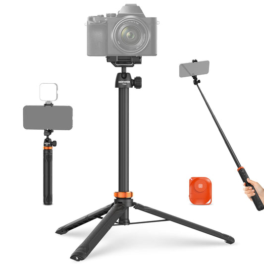 NEEWER BASICS 59"Selfie Stick Tripod Compatible with iPhone & DLSR Camera, Small Metal Compact Portable Travel Desk Stand with Remote Ball Head 2in1 Cell Phone Holder Mount for Video Recording Filming
