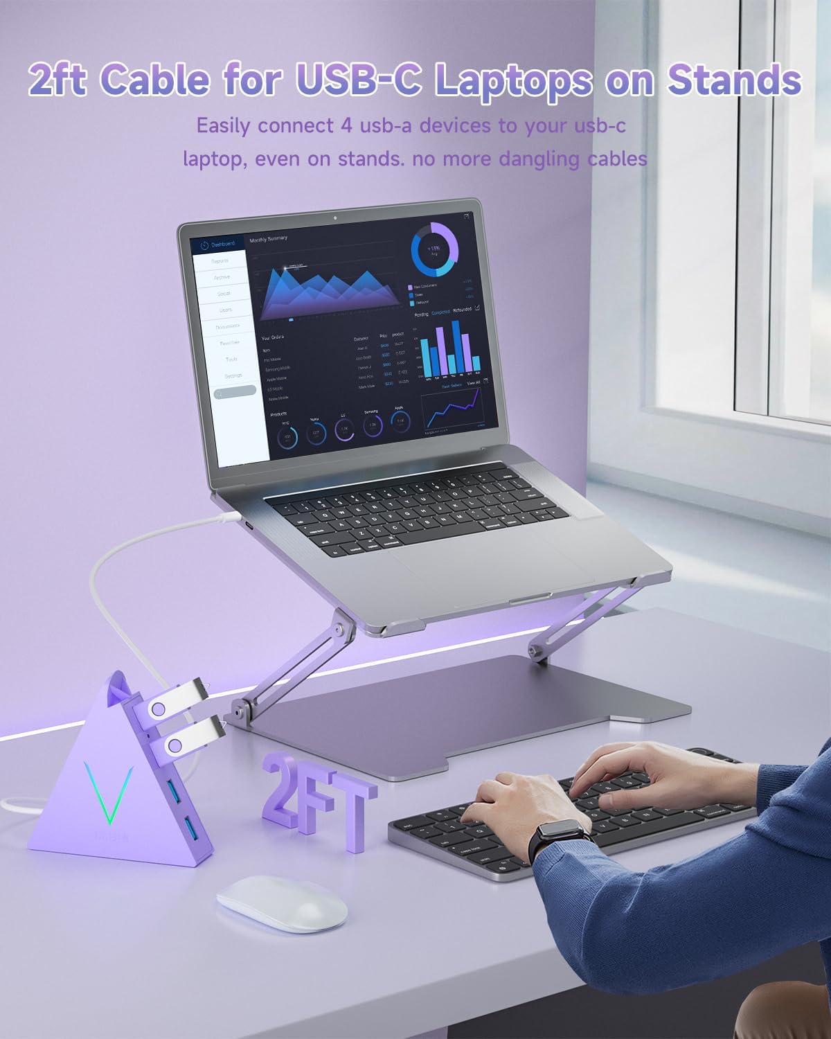 JoyReken USB C Hub, USB Type C to 4-Port USB 3.0 Adapter for MacBook, Surface, Laptop, Flash Drive, Mouse, Keyboard, HDD (2ft, Light Purple)