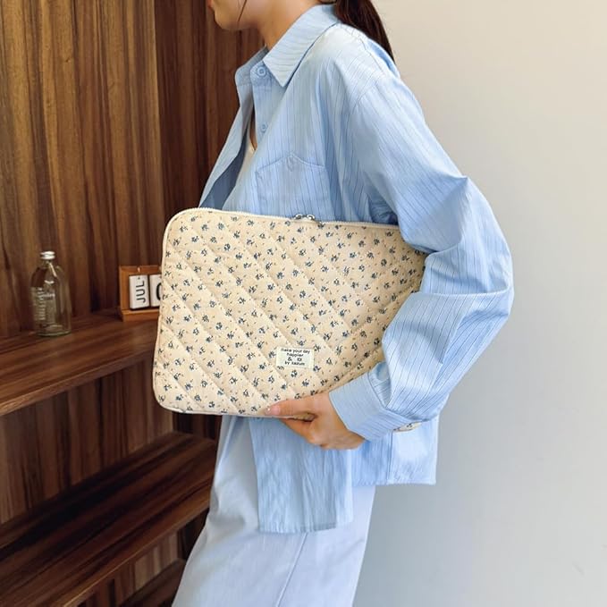 Puffy Laptop Sleeve 13 Inch Cute Quilted Laptop Protective Case Padded Floral Computer Sleeve for MacBook (A-Blue, 13 Inch)