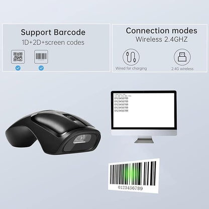 New Wireless Mouse Barcode Scanner, 2-in-1 Design 2D Handheld Barcode Scanner with Wireless Mouse Functions for POS System,Store,Supermarket, Warehouse.(Black)