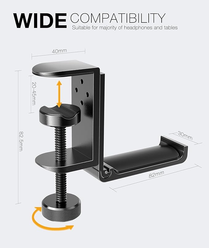 New Foldable Headphone Stand Hanger Holder Aluminum Headset Soundbar Stand Clamp Hook Under Desk Space Save Mount, Universal Fit Gaming Headphones, Black