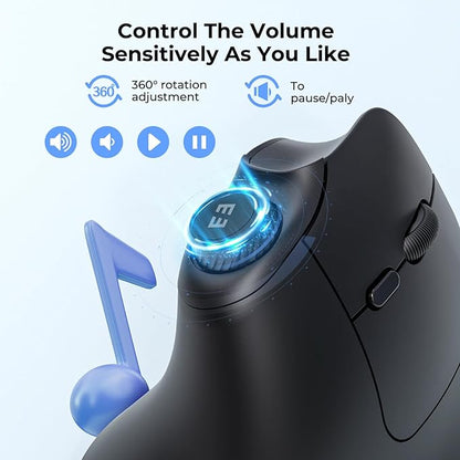 seenda Ergonomic Mouse Rechargeable, USB+Dual Bluetooth, MOU-302 Vertical Wireless Mouse with Volume Knob, Quiet Clicks, Multi-Device Cordless Mice Compatible for Windows, PC, Laptop, Mac OS, Black
