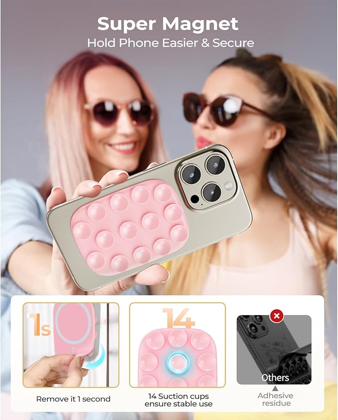 Magnetic Phone Suction Grip, Shower Phone Holder for MagSafe, Octo Phone Sticky Buddy Suction Grip for iPhone 16 15 14 13 12, Birthday Christmas for Women Pink