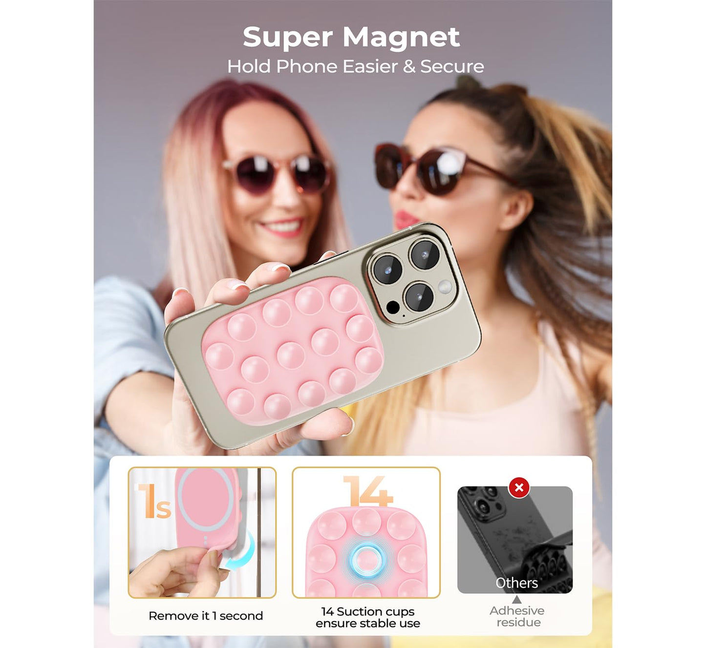 Magnetic Phone Suction Grip, Shower Phone Holder for MagSafe, Octo Phone Sticky Buddy Suction Grip for iPhone 16 15 14 13 12, Birthday Christmas for Women Pink