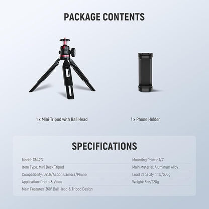 NEEWER Entry Level Version Mini Tripod for Camera, 360° Small Desk Portable DSLR Webcam Cell Phone Mount Holder Stand Selfie Stick Grip Compatible with iPhone Samsung Android Video Recording, GM-2G