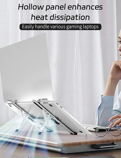 Junfire Foldable Laptop Stand for Travel, Aluminum Stable Ergonomic Laptop Riser with 6-Levels Height Adjustment, Fits with MacBook Air, MacBook Pro, iPad, HP, Dell, Lenovo (Up to 15.6'')-Sliver