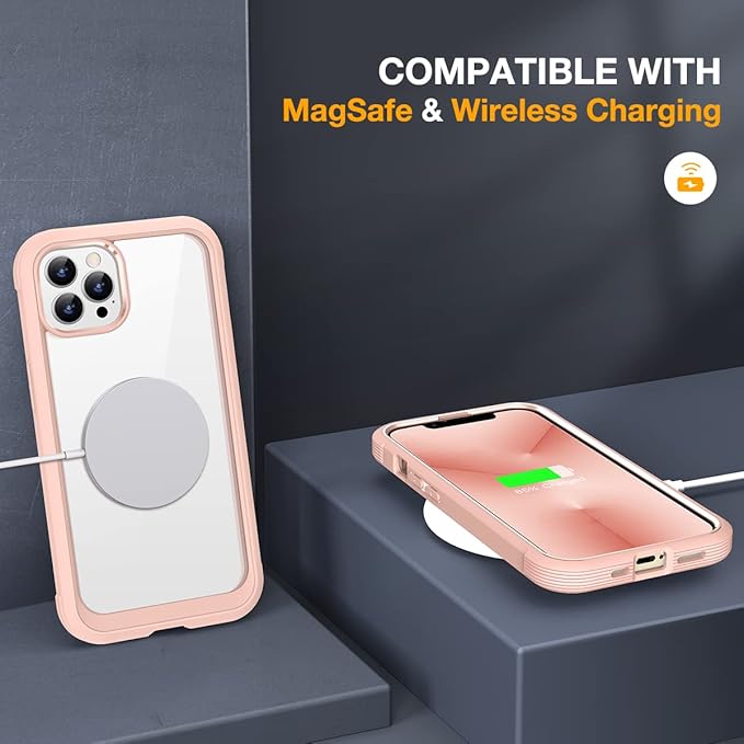 Miracase Glass Case for iPhone 13 Pro Max 6.7 inch, Upgrade Full-Body Clear Bumper Case with Built-in 9H Tempered Glass Screen Protector for iPhone 13 Pro Max, Pink