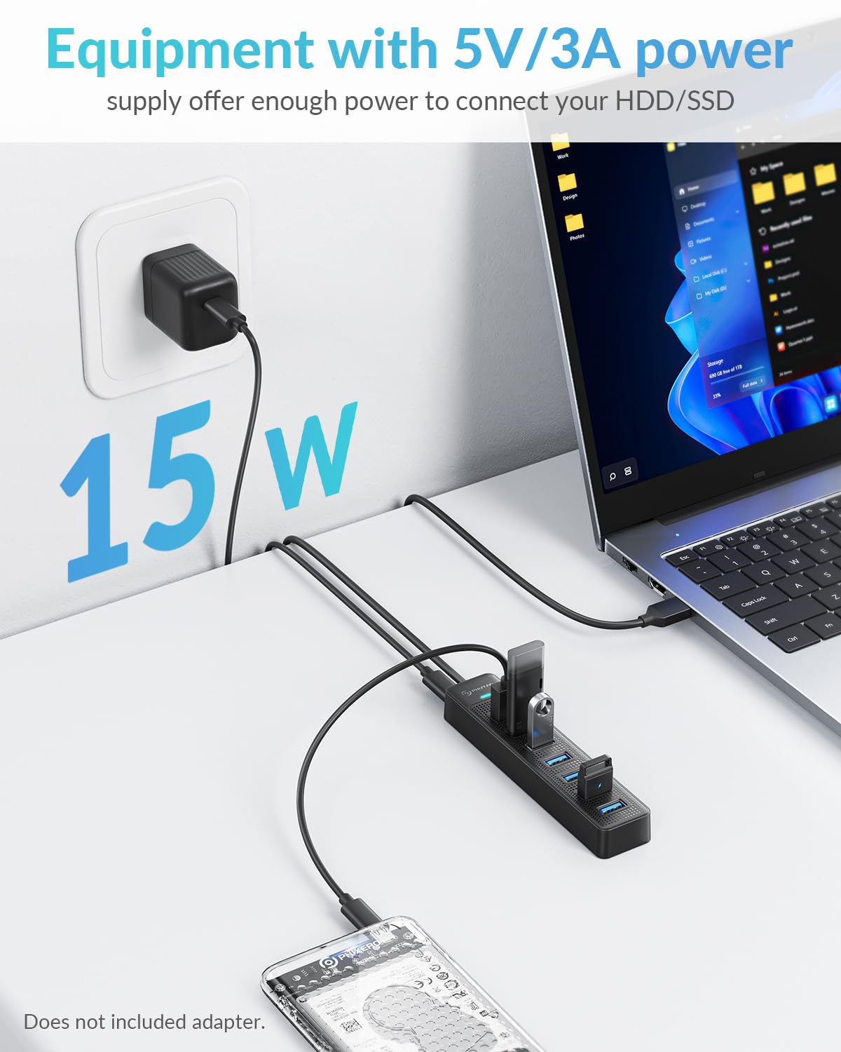 PHIXERO 7 Port USB Hub 3.0 with 1.6FT/50CM Long Cable, Multiport Adapter and Splitter for PC, Compatible with All USB 3.0/2.0/1.1 Devices