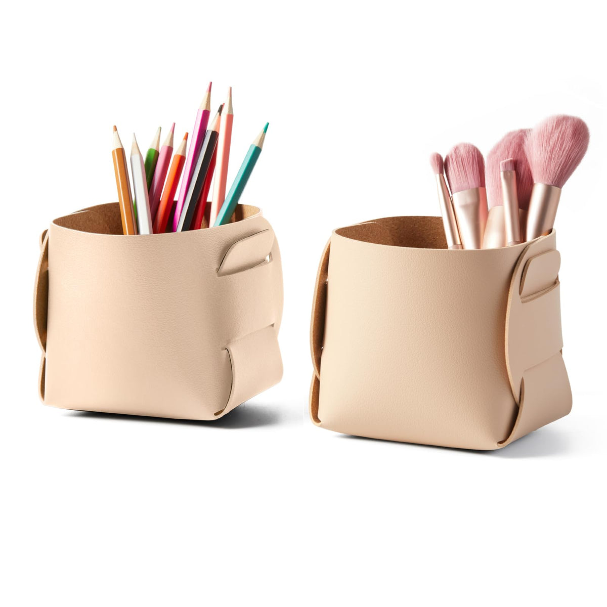 HOMIEAZICOZI 2-Pack Cork Leather Desk Accessories Storage - Pencil Pen Holder - Makeup Brush Holder Organizer - Stylish Addition to Home Decor (Light Green)