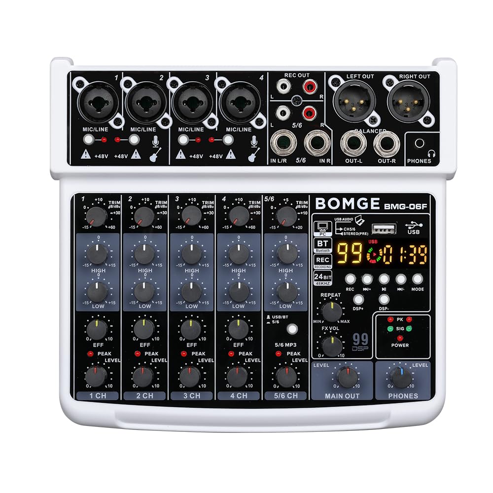 BOMGE 6 Channel mini DJ Audio sound mixer console with USB interface, Bluetooth, Stereo Recording, 48V Phantom Power, 99 DSP effects for karaoke, singing, live，streaming，pc recroding. (white)