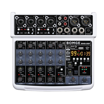 BOMGE 6 Channel mini DJ Audio sound mixer console with USB interface, Bluetooth, Stereo Recording, 48V Phantom Power, 99 DSP effects for karaoke, singing, live，streaming，pc recroding. (white)