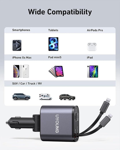 iPhone Car Charger 4 in 1 Fast USB Car Phone Charger 20W Double Lightning Retractable Cables 31.5 Inch and 2 USB Ports Car Charger Adapter for iPhone 14/13/12 Pro Max/XR/XS,Samsung,Pixel,iPad