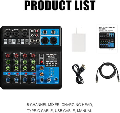 Mini audio DJ mixer Sound Board Console System,5 Channel 48V Phantom Power with Bluetooth USB MP3 Stereo live DJ Studio Streaming for professional recording party KTV stage
