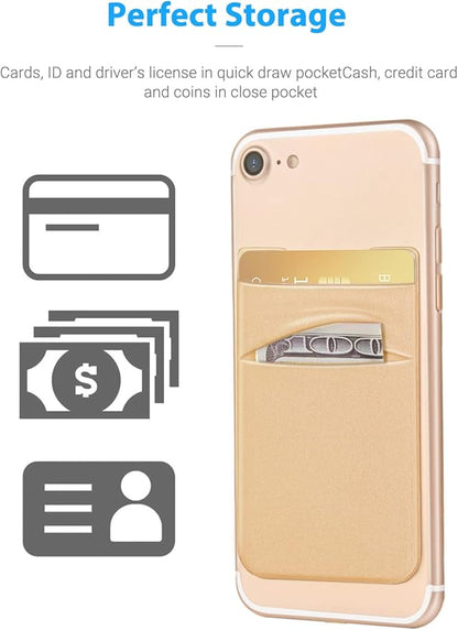 2 Pack Stick On Wallet Sleeve Cell Phone Dual Pocket Card Holder Double Pocket Pouch for iPhone Android Smartphone (2 Pack Gold)