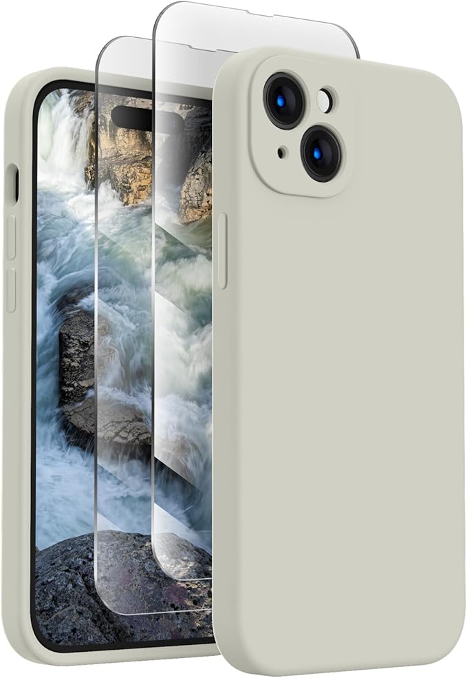 FireNova Designed for iPhone 15 Plus Case, Silicone [Camera Protection] Case with [2 Screen Protectors], Soft Anti-Scratch Microfiber Lining Inside, 6.7 inch, Stone