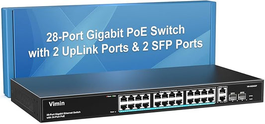 VIMIN 28 Port Gigabit PoE Switch with 2 Uplink Gigabit & 2 SFP Ports, 24-Port Ethernet PoE Switch Unmanaged w/ 320W High Power, Support IEEE802.3af/at, VLAN, Rack-Mount, Sturdy Metal Housing