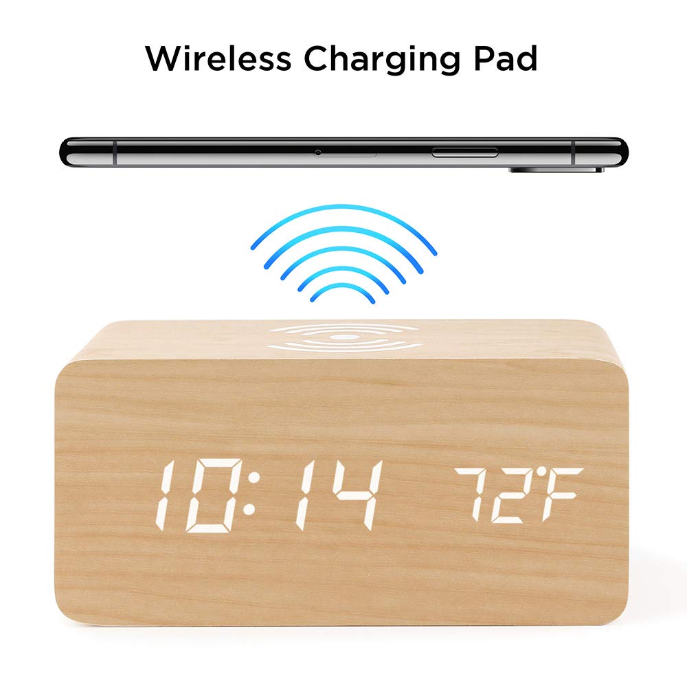 OCT17 Alarm Clock with Qi Wireless Charging Pad Compatible with iPhone Samsung Wood LED Digital Clock Sound Control Function, Time Date, Temperature Display for Bedroom Office Home - Wood