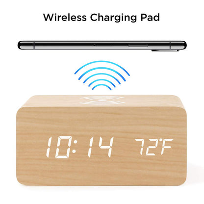 OCT17 Alarm Clock with Qi Wireless Charging Pad Compatible with iPhone Samsung Wood LED Digital Clock Sound Control Function, Time Date, Temperature Display for Bedroom Office Home - Wood
