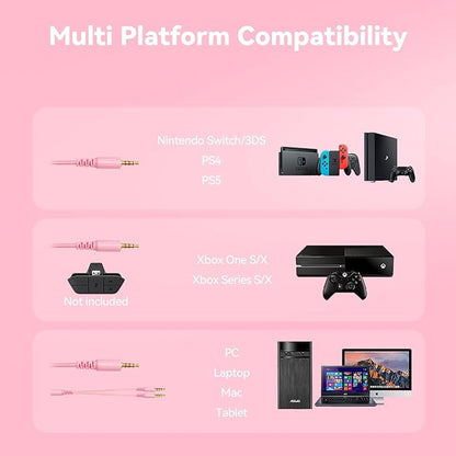 Gaming Headset with Microphone for Pc, Xbox One Series X/s, Ps4, Ps5, Switch, Stereo Wired Noise Cancelling Over-Ear Headphones with Mic, RGB, for Computer, Laptop, Mac, Nintendo, Gamer (Pink)
