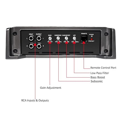 Recoil RED1200-1 2500 Watts Class-D Strappable Car Audio Mono-Block Subwoofer Amplifier, 1 Ohm Stable, Remote Bass Knob Included