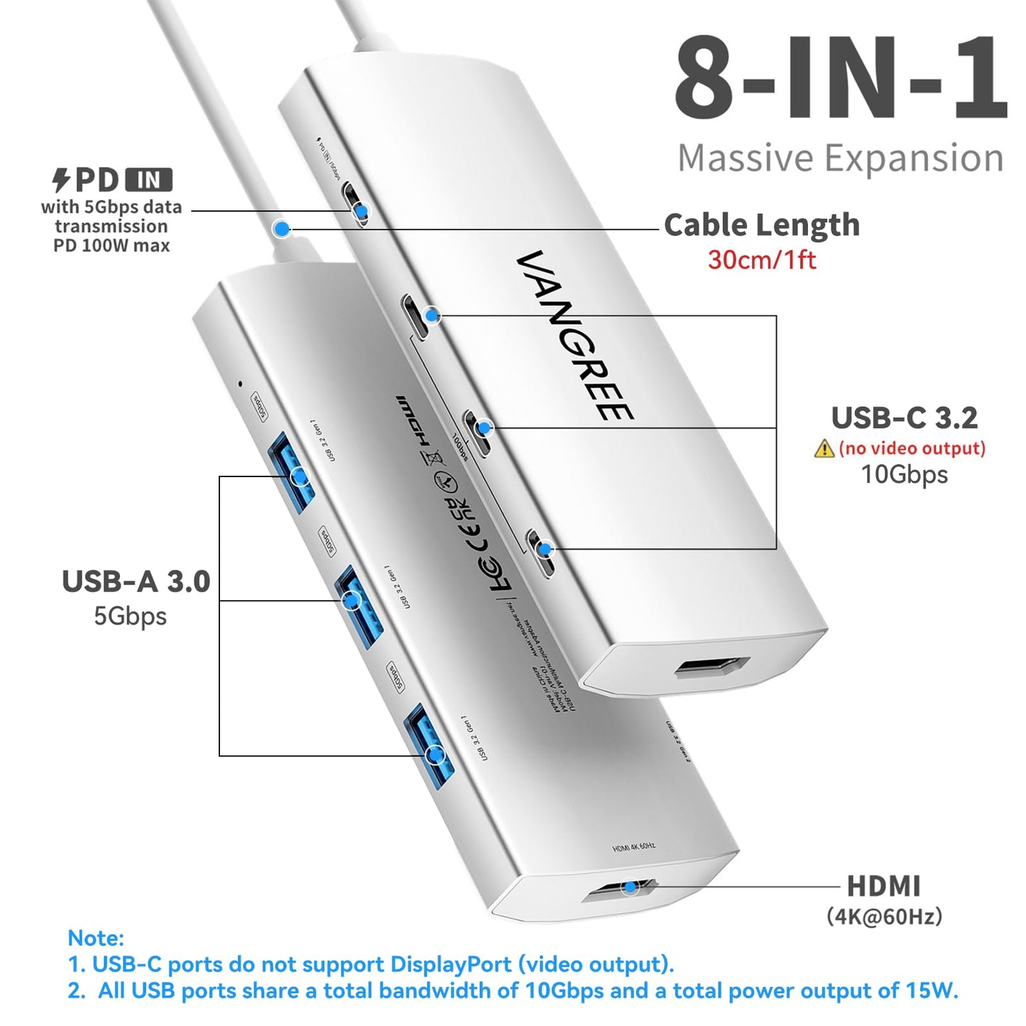 VANGREE USB C Hub 8 in 1, 3 USB-C+3 USB-A 3.2 10Gbps, 4K60Hz HDMI, 100W PD