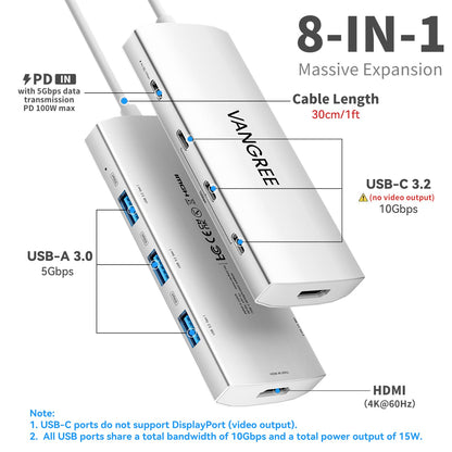 VANGREE USB C Hub 8 in 1, 3 USB-C+3 USB-A 3.2 10Gbps, 4K60Hz HDMI, 100W PD