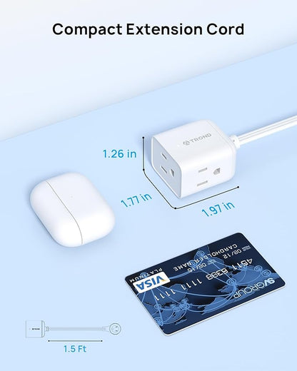 TROND Short Extension Cord 1.5ft with 360° Rotating Flat Plug, Low Profile Small Power Strip, Three Prong 3 Way Grounded Outlets, 13A, SPT 16/3 AWG Cable for Indoor Home Office Cruise Travel, White